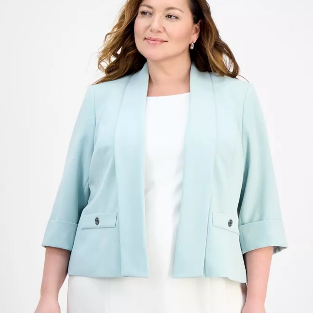 Kasper Shawl-Collar Cuffed 3/4-Sleeve Jacket, Sea Glass